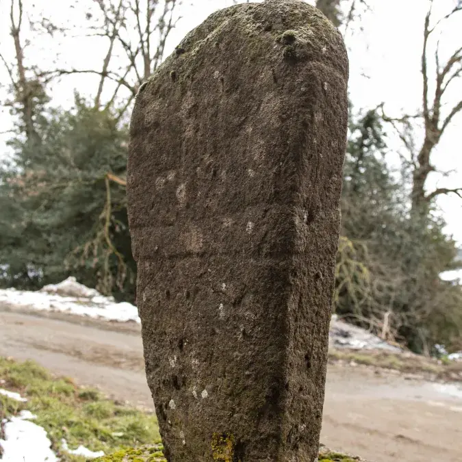 Vue de la statue-menhir de Haute Vergne au bord de la route